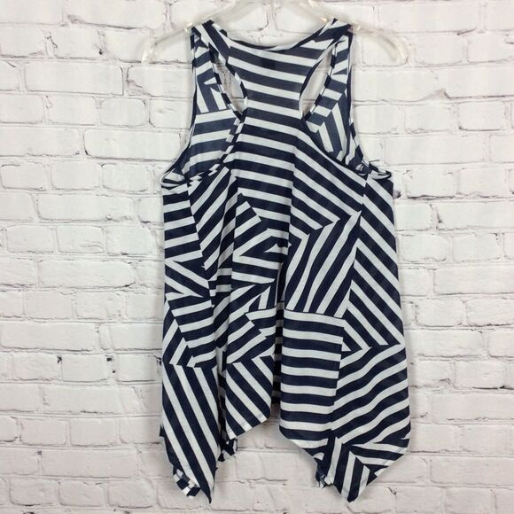 H&M Womens Sz S Tank Top Racerback Blue & White Geometric Print Handkerchief Hem - Picture 6 of 6